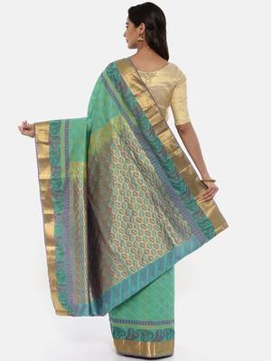 CLASSICATE From The House Of The Chennai Silks Women's Green Dharmavaram Silk Saree With Blouse 2