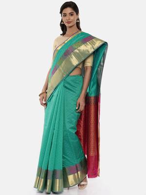 CLASSICATE From The House Of The Chennai Silks Women's Green Dharmavaram Silk Saree With Blouse 1