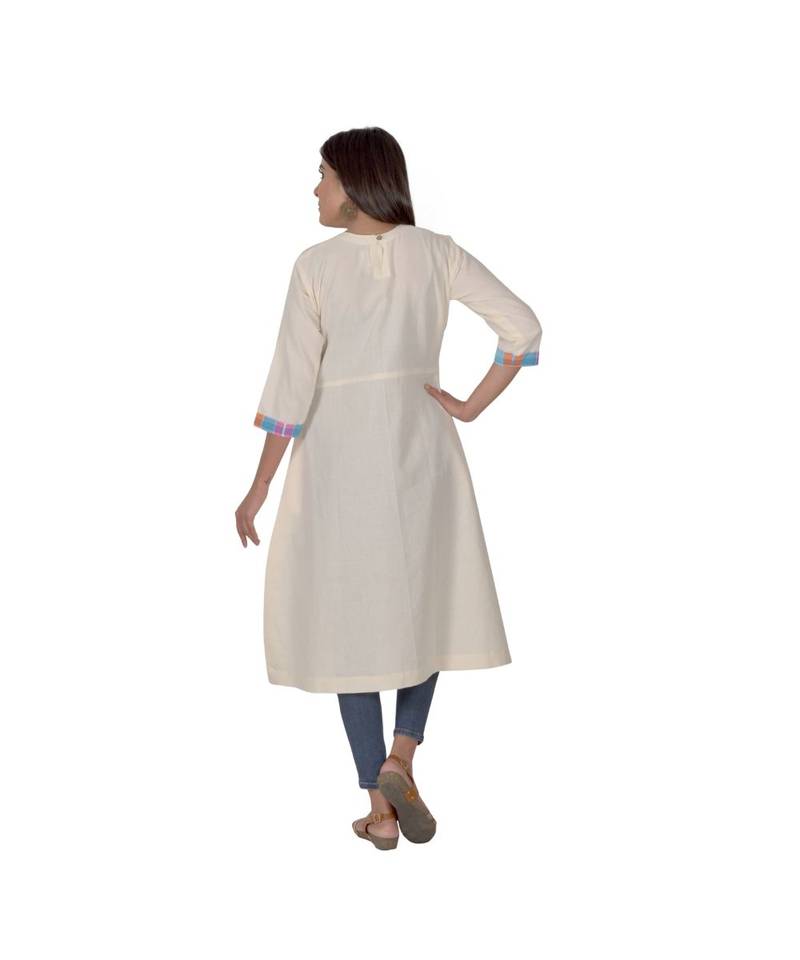 Cream Hued Kurta With Multicoloured Yoke In Khadi Cotton