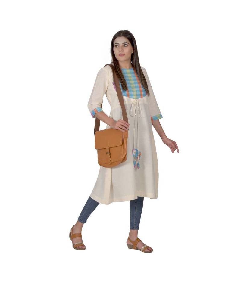 Cream Hued Kurta With Multicoloured Yoke In Khadi Cotton