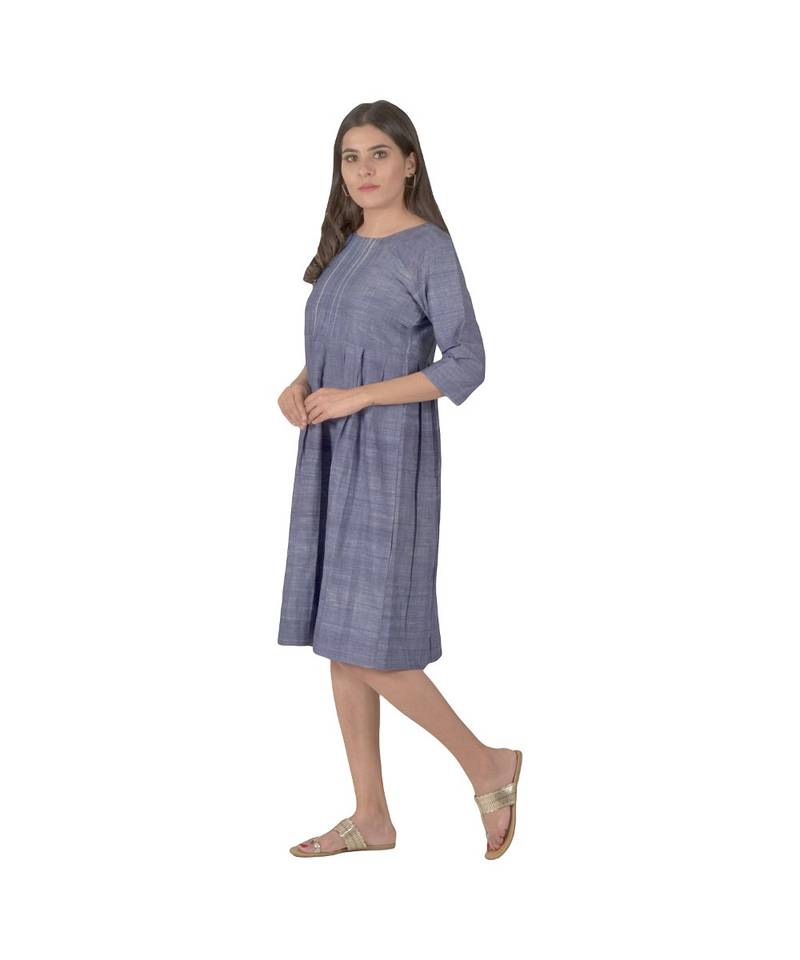 Blue Dress With Box Pleats In Khadi Cotton