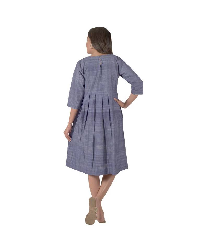 Blue Dress With Box Pleats In Khadi Cotton