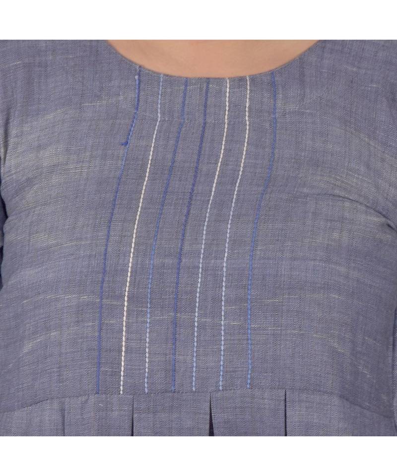 Blue Dress With Box Pleats In Khadi Cotton