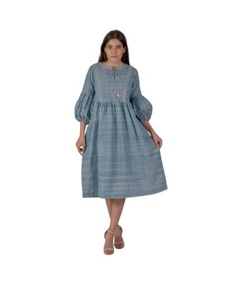 Turquoise Blue Dress With Floral Embroidery In Khadi Cotton 1