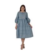 Turquoise Blue Dress With Floral Embroidery In Khadi Cotton