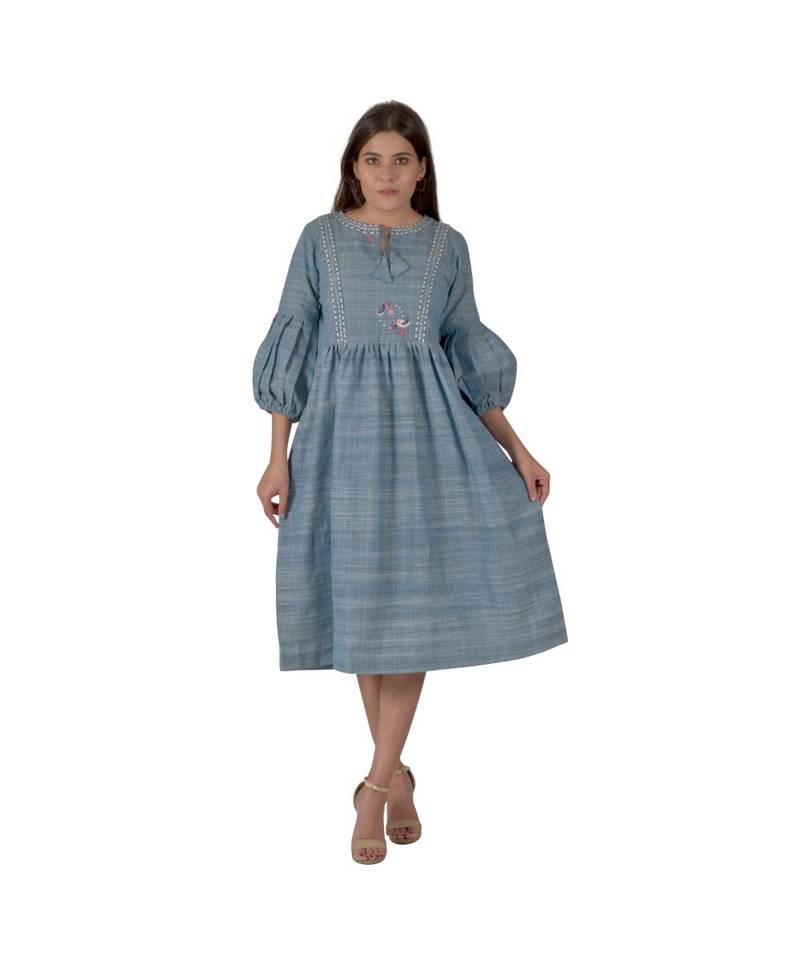 Turquoise Blue Dress With Floral Embroidery In Khadi Cotton