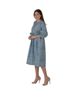 Turquoise Blue Dress With Floral Embroidery In Khadi Cotton 2