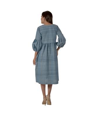 Turquoise Blue Dress With Floral Embroidery In Khadi Cotton 3