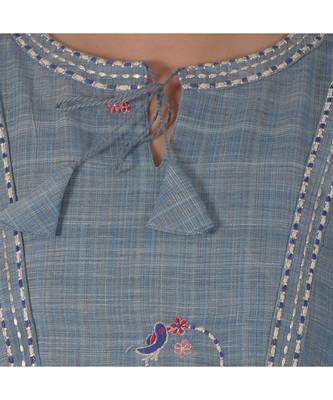 Turquoise Blue Dress With Floral Embroidery In Khadi Cotton 4