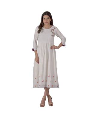 Cream Dress In Khadi Cotton With Floral Embroidery 1