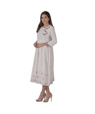 Cream Dress In Khadi Cotton With Floral Embroidery 2