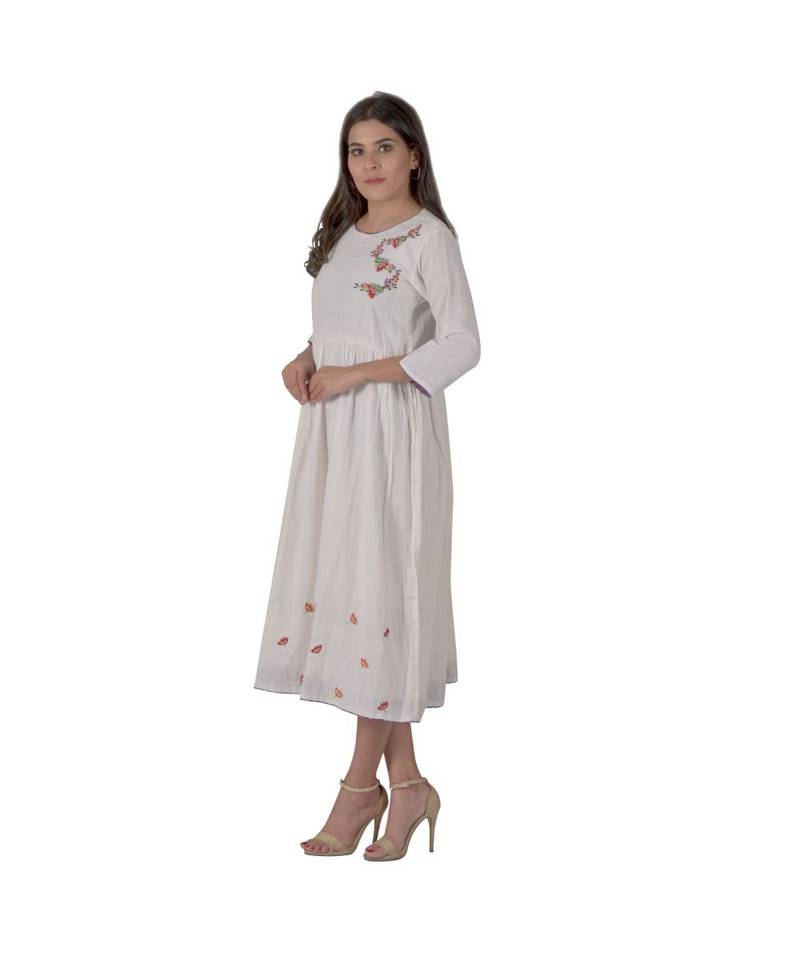Cream Dress In Khadi Cotton With Floral Embroidery