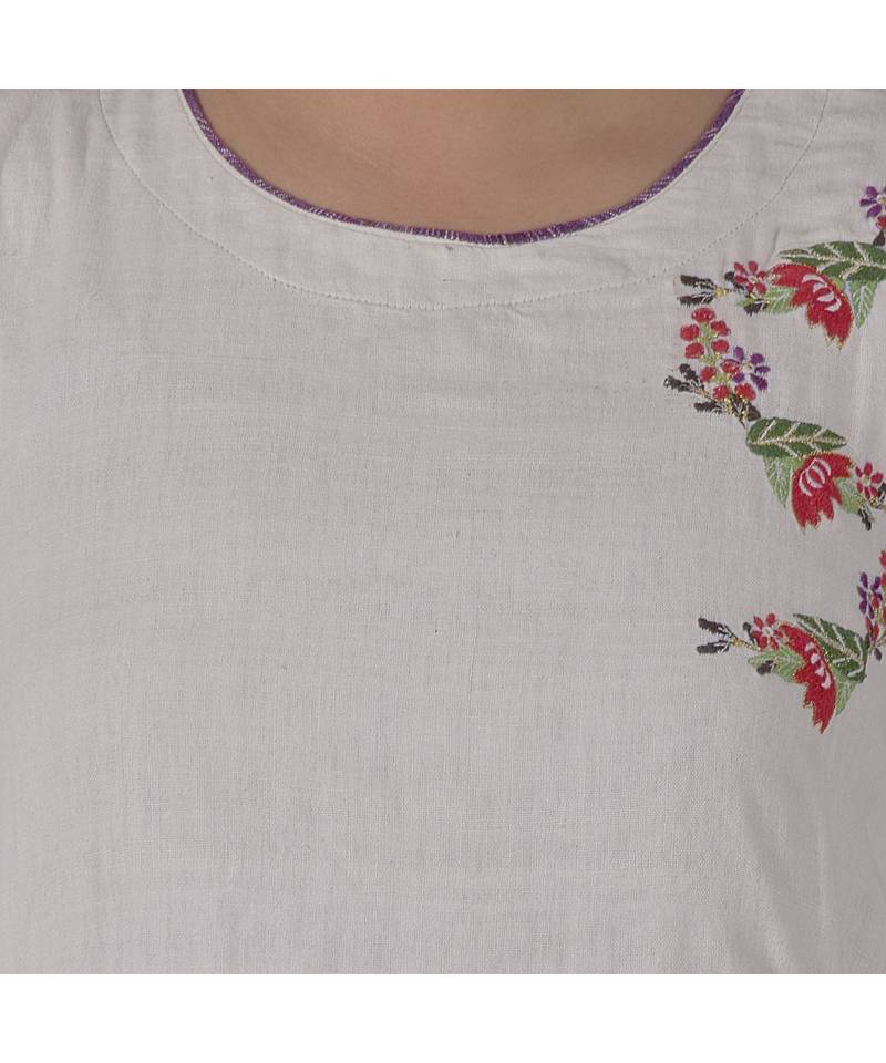 Cream Dress In Khadi Cotton With Floral Embroidery