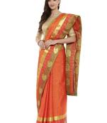 CLASSICATE From The House Of The Chennai Silks Women's Orange Dharmavaram Silk Saree With Blouse