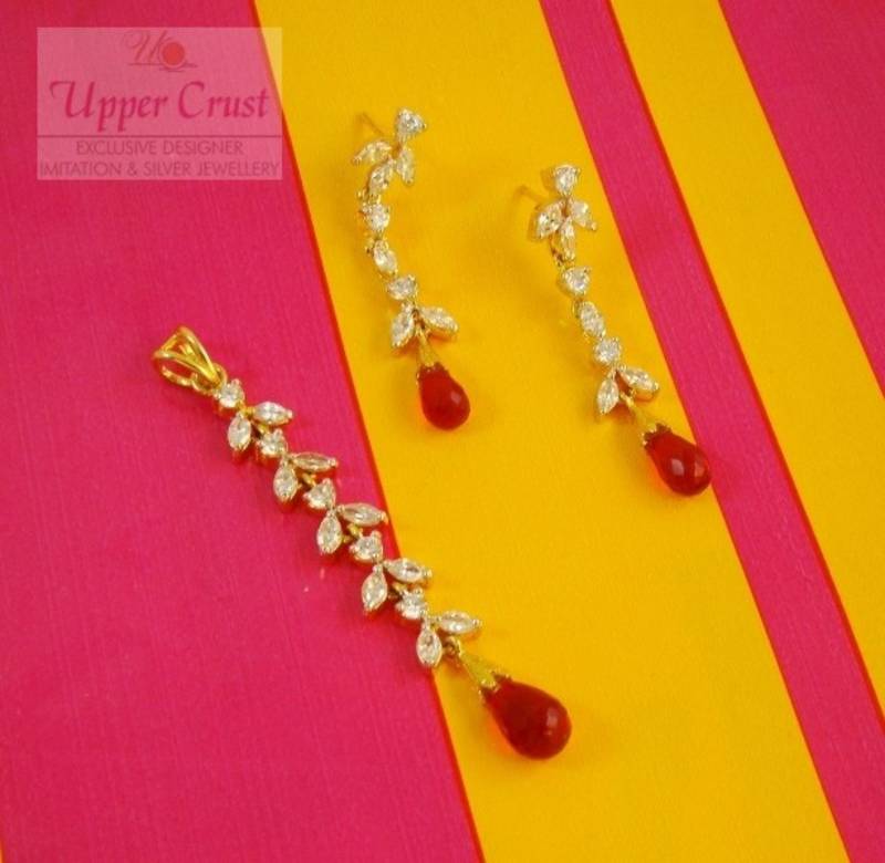 Sleek Long CZ Red Dangler Earrings Pendant Jewellery