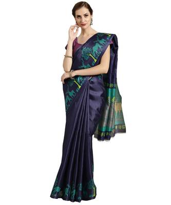 blue Printed poly silk saree with blouse 1