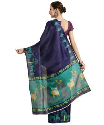 blue Printed poly silk saree with blouse 2