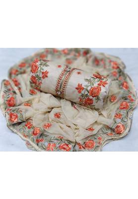 Cream Embroidered Chanderi Unstitched Salwar With Dupatta 1