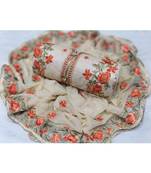 Cream Embroidered Chanderi Unstitched Salwar With Dupatta