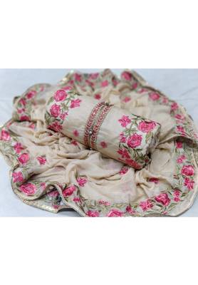 Cream Embroidered Chanderi Unstitched Salwar With Dupatta 1