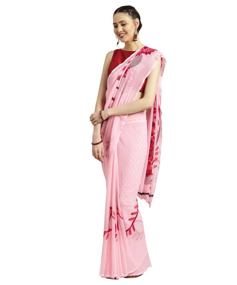 pink Printed faux georgette saree with blouse