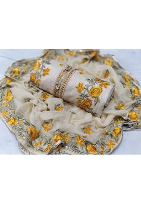 Cream Embroidered Chanderi Unstitched Salwar With Dupatta 1