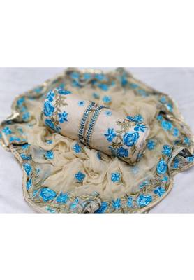 Cream Embroidered Chanderi Unstitched Salwar With Dupatta 1