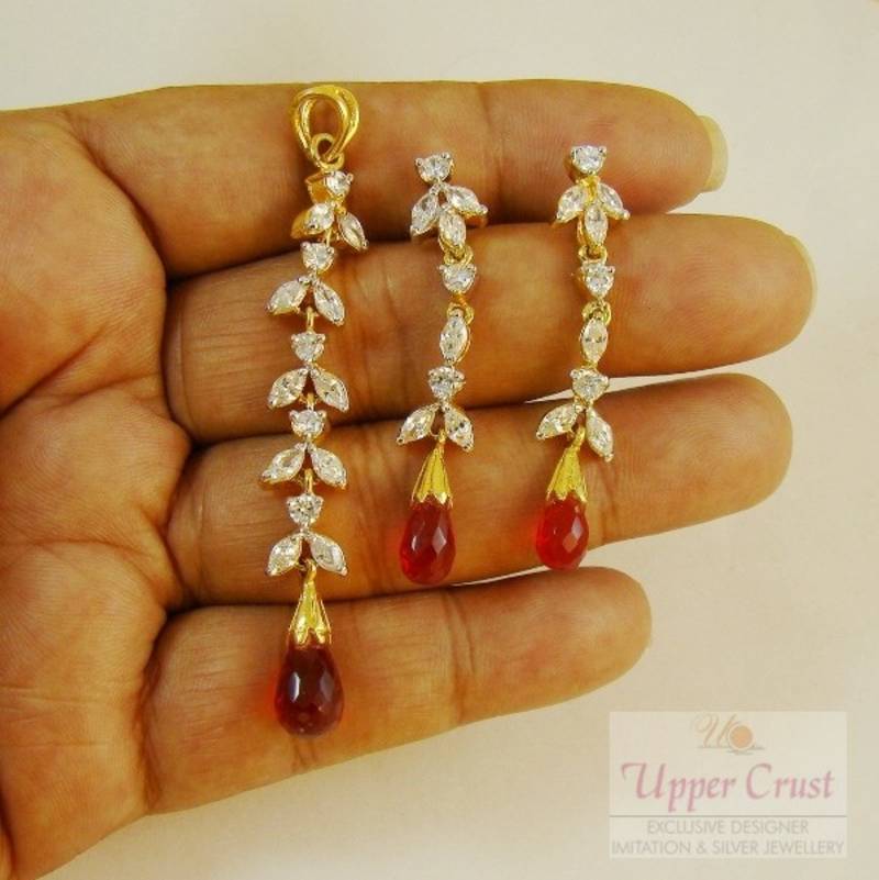 Sleek Long CZ Red Dangler Earrings Pendant Jewellery