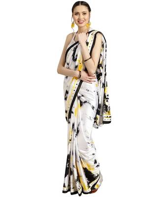 white Printed satin saree with blouse 1