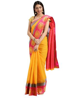 mustard Woven cotton saree with blouse 1