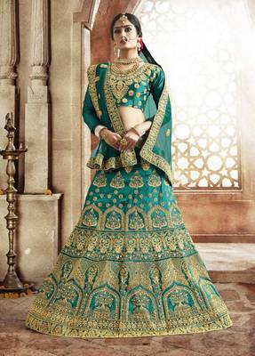 Green embroidered art silk unstitched lehenga 1