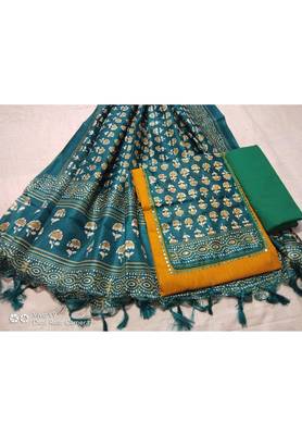 Yellow Printed Cotton Unstitched Salwar With Dupatta 1