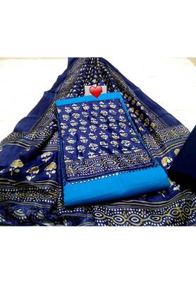 Blue Printed Cotton Unstitched Salwar With Dupatta 1