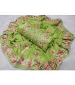 Green Embroidered Chanderi Unstitched Salwar With Dupatta