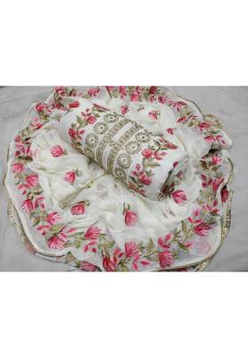 Cream Embroidered Chanderi Unstitched Salwar With Dupatta 1