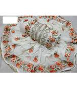 Cream Embroidered Chanderi Unstitched Salwar With Dupatta