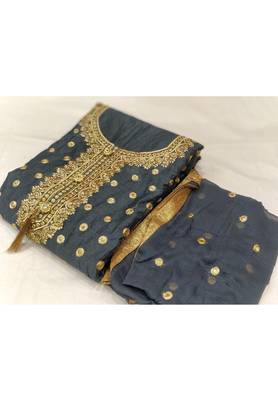 Grey Embroidered Chanderi Unstitched Salwar With Dupatta 1