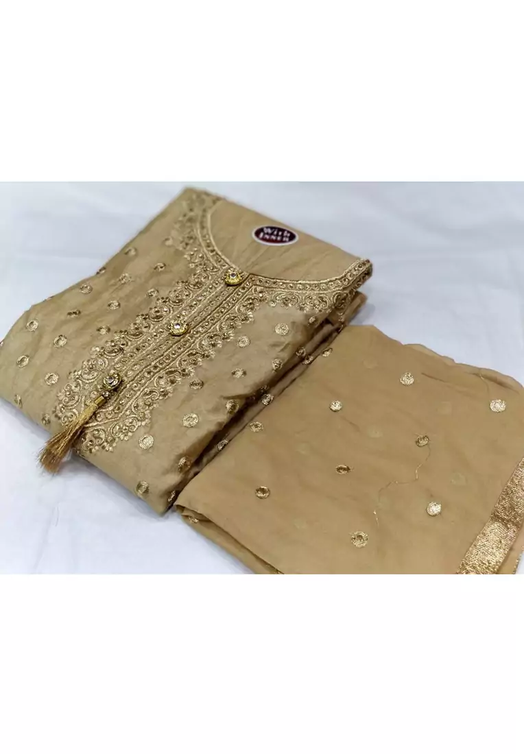 Gold Embroidered Chanderi Unstitched Salwar With Dupatta