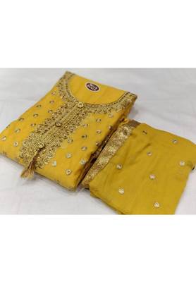 Yellow Embroidered Chanderi Unstitched Salwar With Dupatta 1