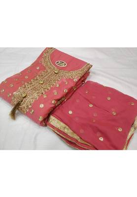Pink Embroidered Chanderi Unstitched Salwar With Dupatta 1