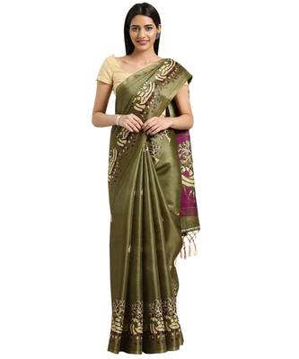 green Printed poly silk saree with blouse 1