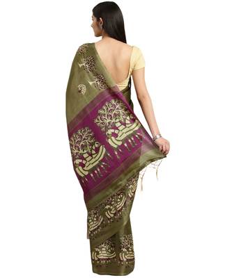 green Printed poly silk saree with blouse 2