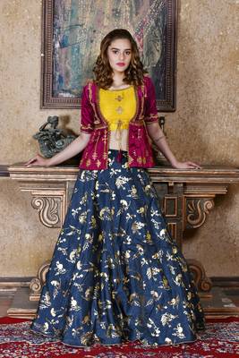blue embroidered silk blend unstitched lehenga choli 1