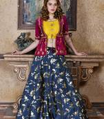 blue embroidered silk blend unstitched lehenga choli