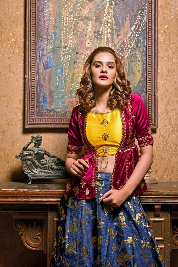 blue embroidered silk blend unstitched lehenga choli