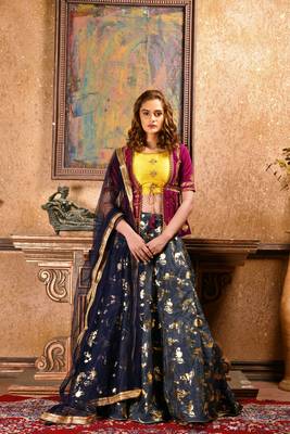 blue embroidered silk blend unstitched lehenga choli 3