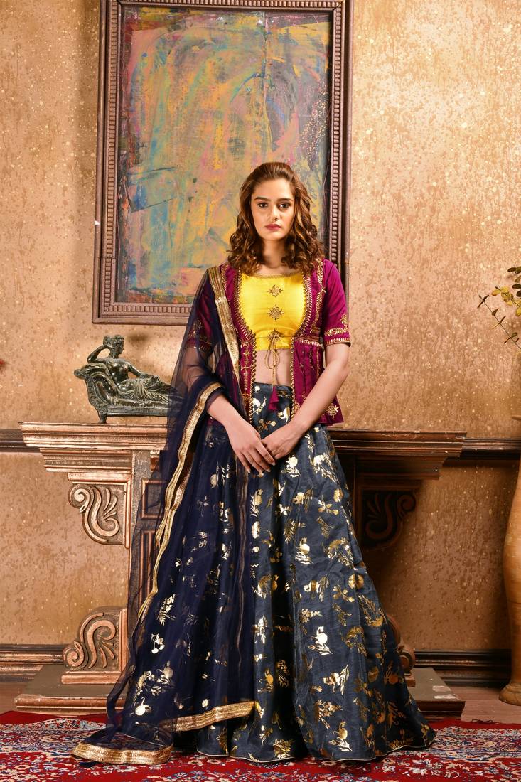 blue embroidered silk blend unstitched lehenga choli