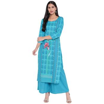 Turquoise printed rayon kurta with palazzo 1