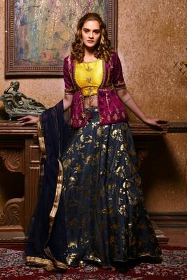 blue embroidered silk blend unstitched lehenga choli 4