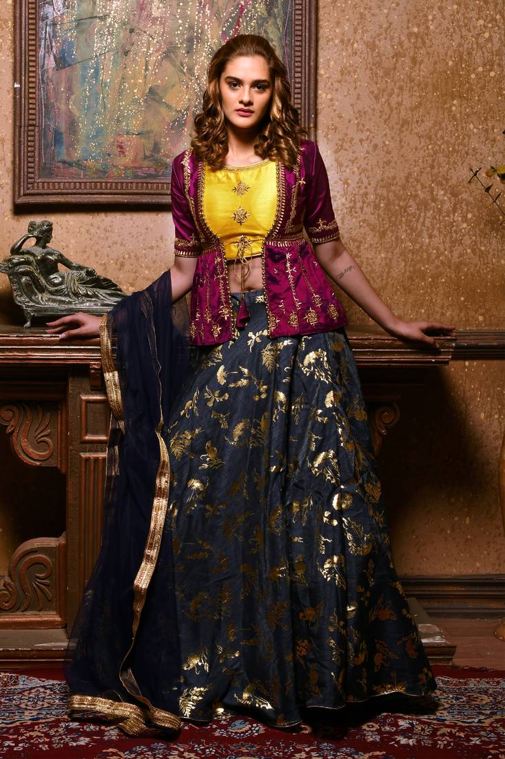 blue embroidered silk blend unstitched lehenga choli